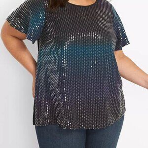 Lane Bryant Flutter-Sleeve Sequin Top Ombre Black Purple Blue NWT